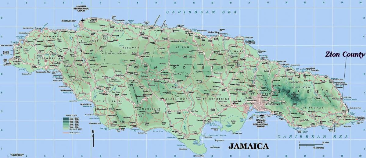 fyysinen kartta jamaika osoittaa vuoret
