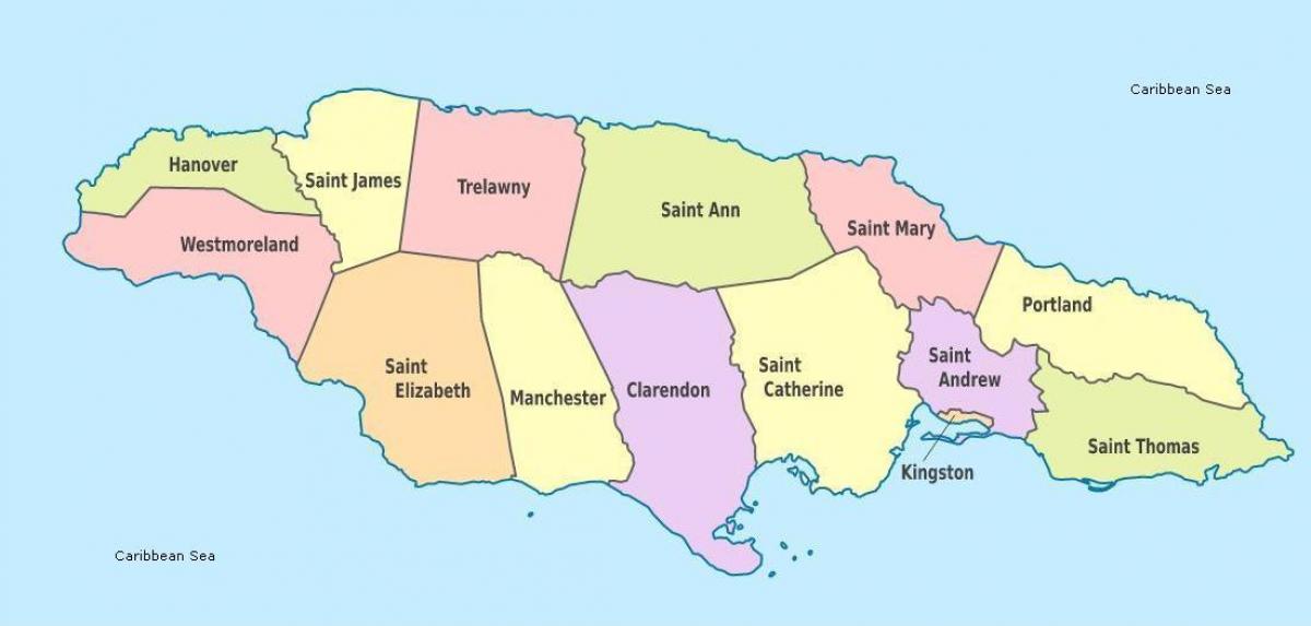 kartta jamaika, jossa seurakunnat ja pääkaupungeissa